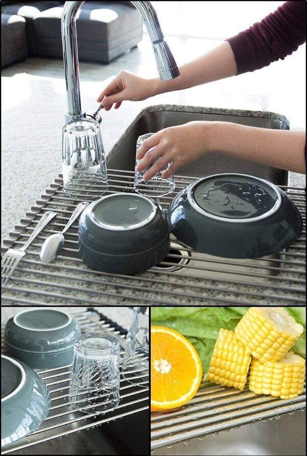 Large Dish Drying Rack, Attom Tech Home Roll Up Dish Racks Multipurpose Foldable Stainless Steel Over Sink - Image 3