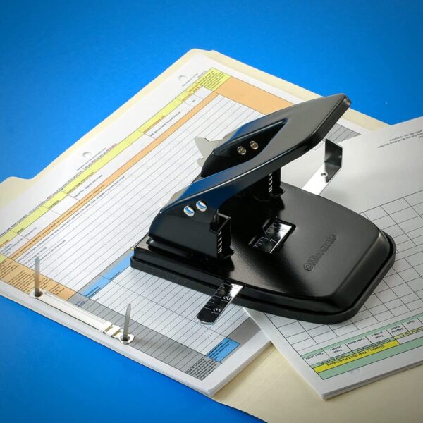 Officemate Deluxe 2-Hole Punch with Chip Drawer, 50 Sheet Capacity, Silver/Navy (90101) - Image 4