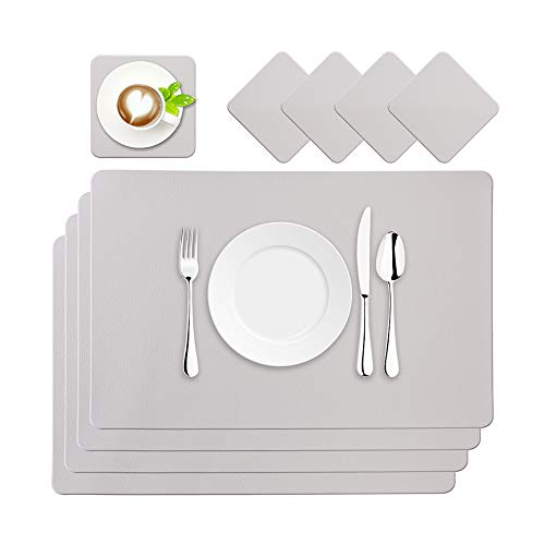BaoWnylz-Placemats-PU-Leather-Place-Mats-Grey-Set-of-4-Washable-Waterproof-Table-Mats-45x30cm-and-Leather-Coasters-Suitable-for-Kitchen-Tables-Restaurants-and-Hotels-0